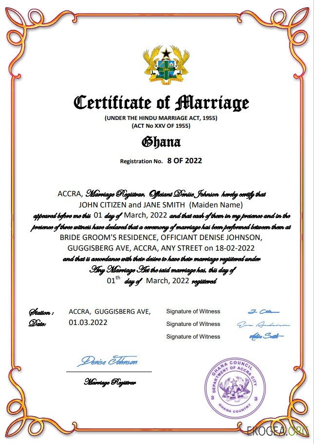 Modèle Word et PDF de certificat de mariage au Ghana